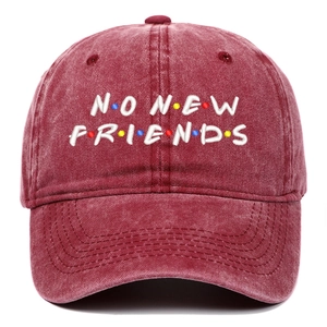 Burgundy washed cotton baseball cap with embroidered NO NEW FRIENDS logo on front
