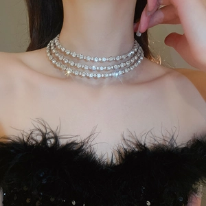 Close-up of sparkling multi-row rhinestone choker necklace worn by a female model