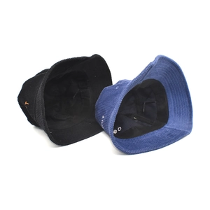 Women corduroy bucket hats in black and navy blue with side letter embroidery detail