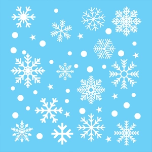 Detailed pattern of white snowflakes and stars on a blue Christmas window sticker