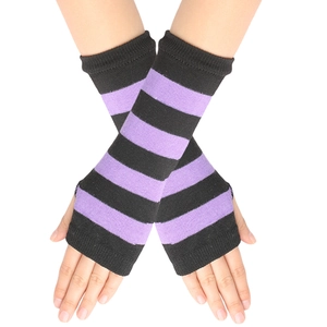 Detail shot of striped knitted fingerless arm sleeves in black and purple colors