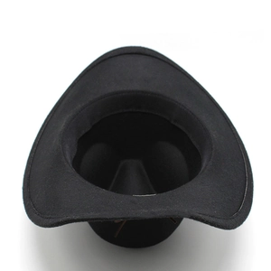 Top view of a wide-brimmed black wool felt fedora showing inner crown and hat curve