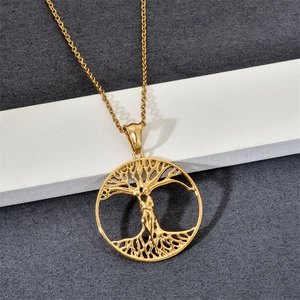 Golden stainless steel Tree of Life pendant necklace with a feminine silhouette design
