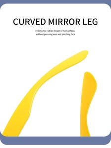 Detail of ergonomic curved bright yellow temple tips on stylish children's sunglasses