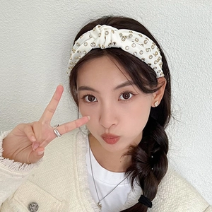 White fabric knotted headband with gold stud rhinestones for elegant autumn women fashion