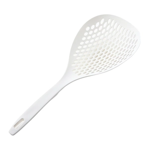 White plastic slotted spoon with long handle for kitchen straining on white background