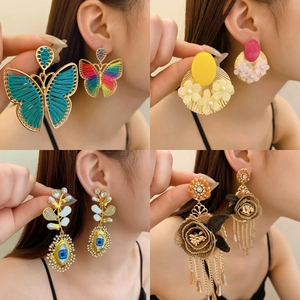 Retro Bohemian Dangle Earrings For Women Butterfly Flower Tassel Alloy Fabric Resin With 925 Sterling Silver Earring Post