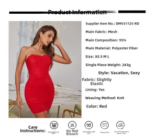 Detail des roten trägerlosen Netzkleides mit 95% Polyester-Strickstoff und Größentabelle