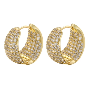 Classic gold hoop earrings with micro-pave white cubic zirconia stones on white background