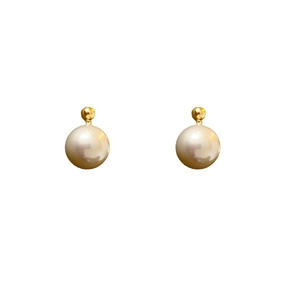 Classic gold-plated stud earrings featuring elegant double white pearls on a white background