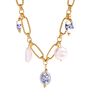 18k gold plated stainless steel necklace with blue floral ceramic heart and baroque pearls