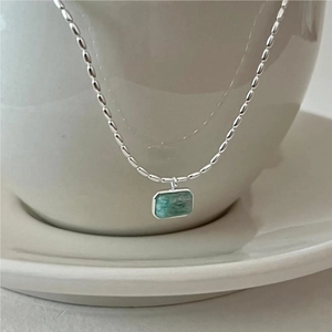 Minimalist 925 sterling silver beaded necklace with rectangular turquoise stone pendant