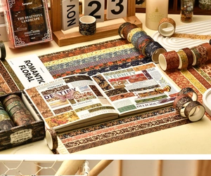 Detail of 12-roll vintage landscape washi tape set in 10mm to 30mm widths on a desk