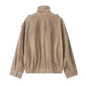 Back view of brown faux suede jacket with stand collar and shoulder strap details