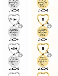 Detail of apple charms and engraved thank you messages on heart-shaped keychains