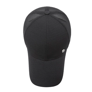 Men's breathable black mesh baseball cap with long brim and silver metal logo detail