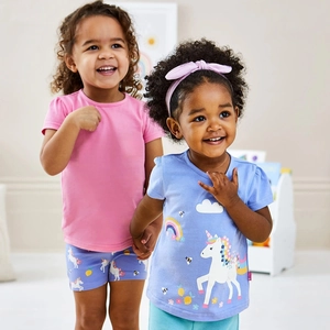 Girls Short Sleeve Cotton T-Shirt Breathable Purple Unicorn Rainbow Print Summer Casual O-Neck Top