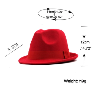 Classic red wool felt fedora hat with matching ribbon and size specifications