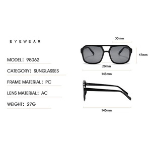Detailed size guide and specifications for square double-bridge pilot sunglasses