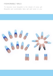 Blue and nude French press on nails featuring heart patterns and checkerboard details