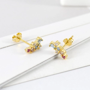 Detailed close-up of S925 sterling silver earrings featuring colorful zircon stones