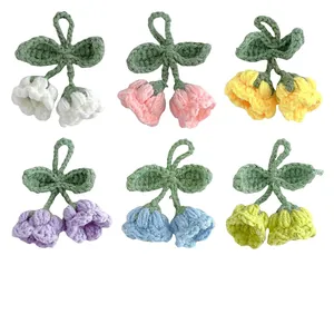 Handmade Crochet Lily Of The Valley Flower Keychain Yarn Knitted Floral Bag Pendant Car Decor Accessory