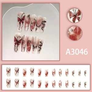 Ink style long coffin press-on nails with red roses and butterfly designs, 24pcs set