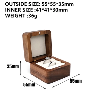 Portable walnut wood engagement ring box with white velvet lining for dual rings