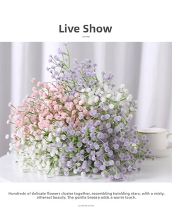 Detail of purple, pink, and white gypsophila bouquets on a white marble surface