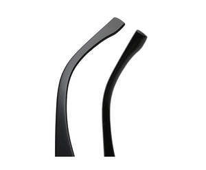 Detailed close-up of sleek black square frame temple with a minimalist industrial finish