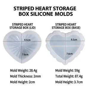 Striped heart storage box silicone mold with lid and base dimensions for DIY crafts