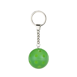 Detailed close-up of a vibrant green plastic pickleball keychain with silver metal ring