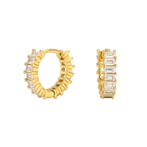 Detail view of gold hoop earrings featuring rectangular cut clear zircon stones