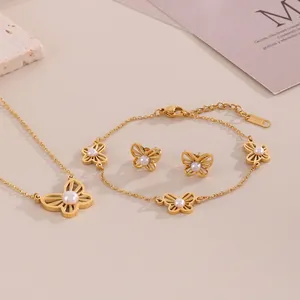 Butterfly Jewelry Necklace Bracelet Stud Earrings Stainless Steel Hollow Design With Shell Artificial Pearl Women Fashion Elegant