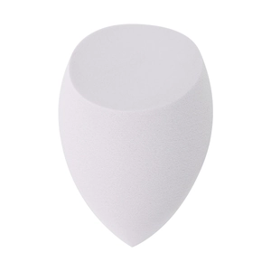 Detail shot of a white teardrop beauty blender sponge with a precise slanted edge cut