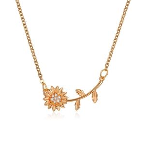 Golden sunflower pendant necklace with zircon center on delicate link chain for women