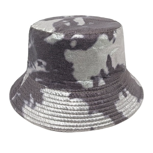 Detailed view of silver tie-dye bucket hat featuring metallic fibers and parallel stitching