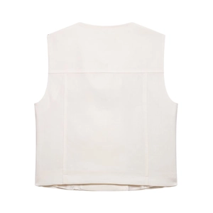 Rear view of cream white sleeveless vest with round neck and smooth woven fabric detail