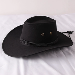 Detail of black suede cowboy hat featuring metal air vents and woven decorative rope strap