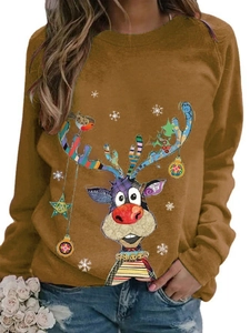 Detail of a brown long sleeve sweatshirt featuring a Christmas deer pattern and snowflakes