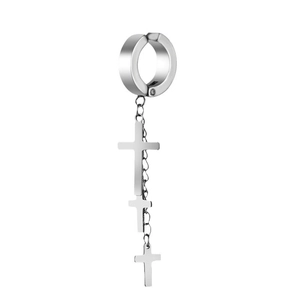 Titanium steel silver hoop earrings with three dangling crosses and chain fringe