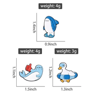 Detailed size and weight specs for shark, seal and duck cartoon animal enamel pins