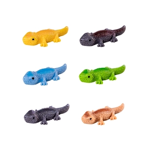 Set of six colorful resin lizard miniatures in yellow blue green and purple for DIY crafts