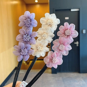 Sweet mesh floral hair ties with pearl beads in purple, cream, and pink colors