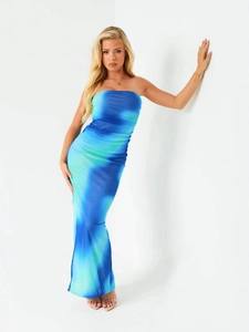 Women Strapless Tube Maxi Dress Ruched Gradient Tie Dye Slim Fit Back Split Polyester Elastane Summer Party