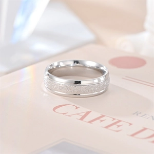 Detailed view of silver titanium steel ring with matte center and polished edges