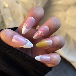 24pcs 3D floral almond press-on nails with gradient pink yellow and pearl accents