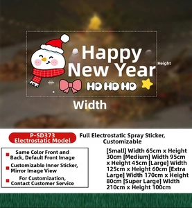 Size chart for Christmas snowman static window decals with five width options from 65cm to 210cm