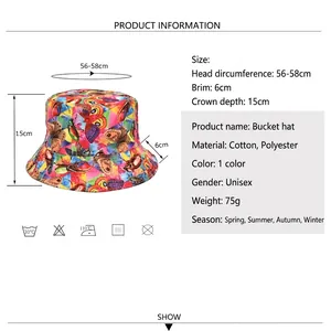 Chapeau bob femme à imprimé papillon avec dimensions détaillées de 56-58cm de tour