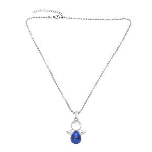 Creative crystal agate angel pendant necklace with blue gemstone and silver wings